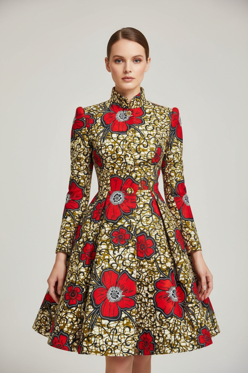 Professional fashion photography with white model in red floral Ankara coat dress