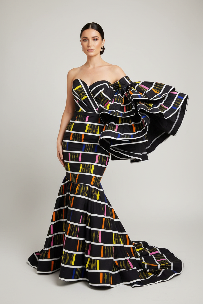 Professional fashion photography with white model in striped Ankara gown