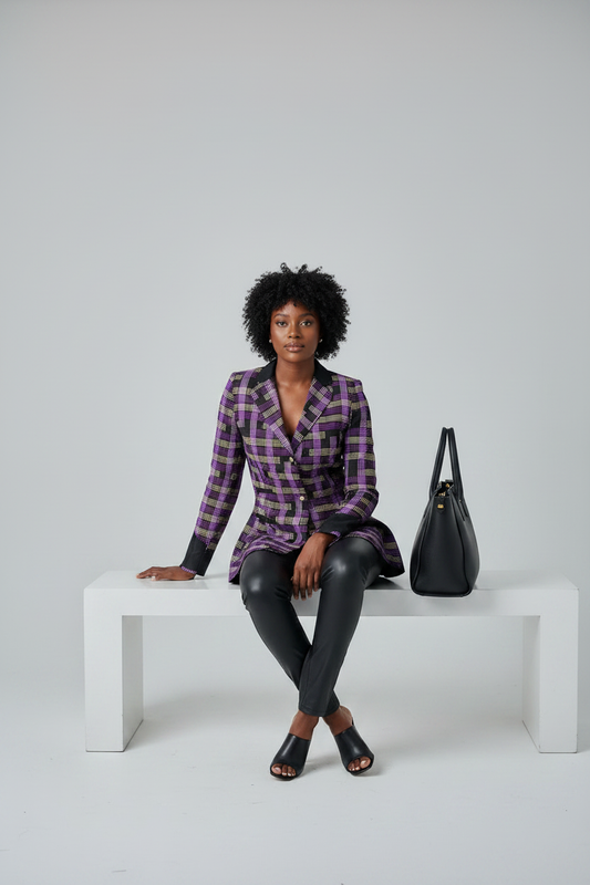 Purple Geometric Ankara Blazer - Seated Pose