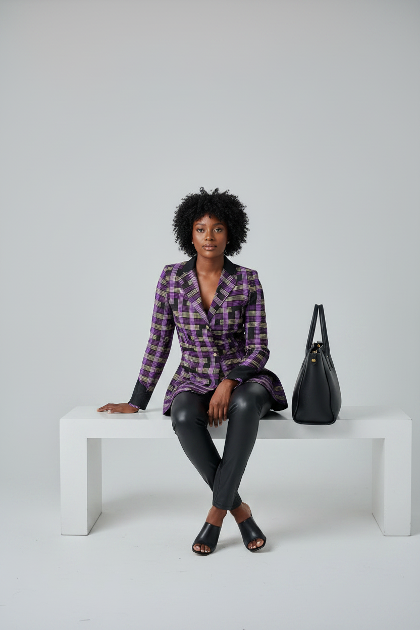 Purple Geometric Ankara Blazer - Seated Pose