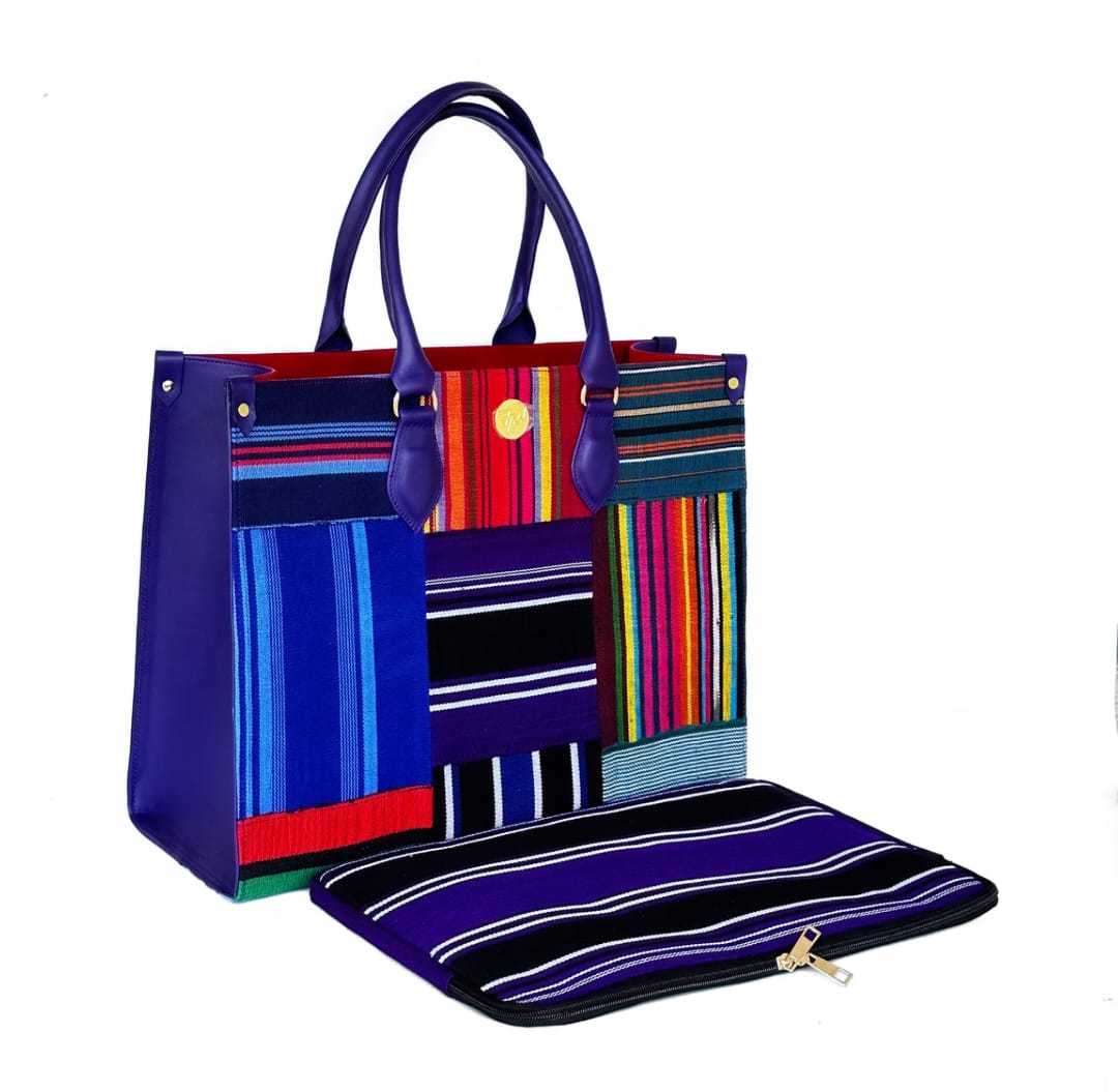 Purple Leather & Multi Colour Aso-Oke Handbag. (Limited Edition) - House of Prints