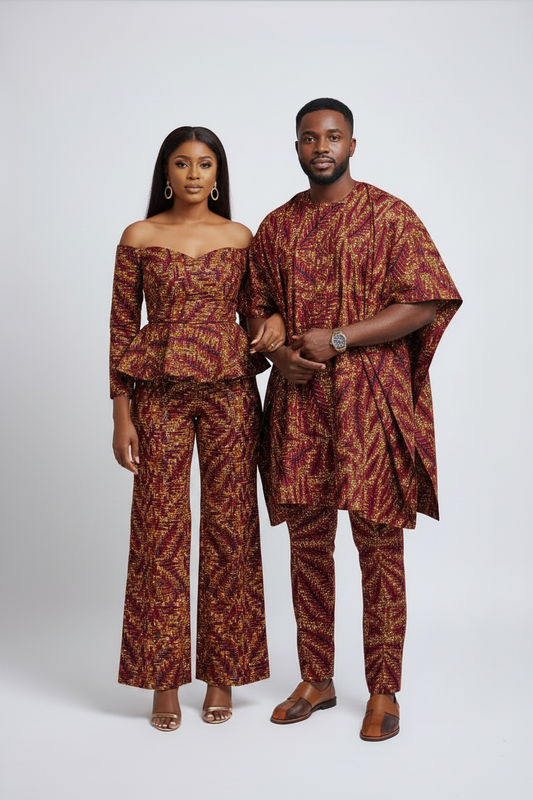 Red & Brown African Print Couple's Look 2