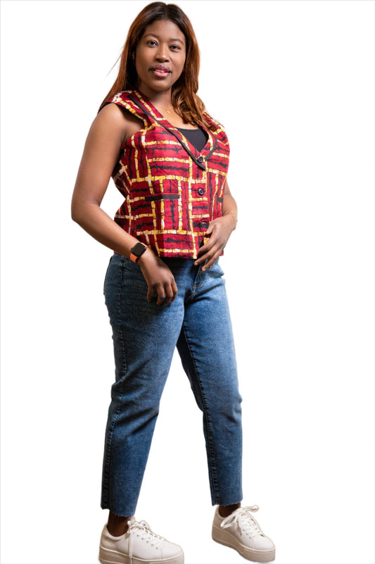 Red & Gold Ankara Waistcoat - House of Prints