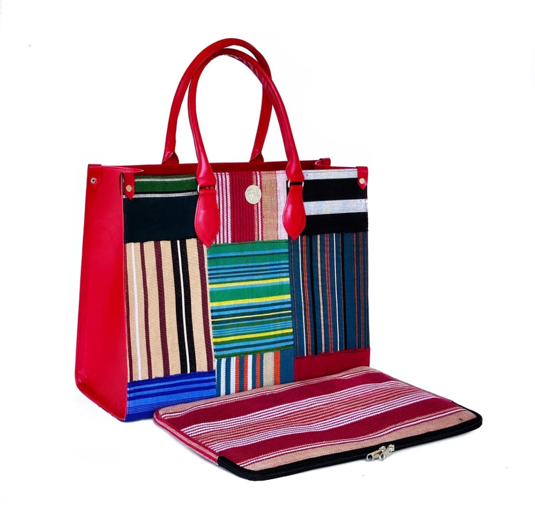 Red Leather & Multi Colour Aso-Oke Handbag (limited edition) - House of Prints