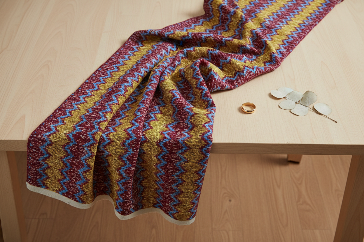 Red Yellow Green Zigzag Ankara Fabric Draped on Table