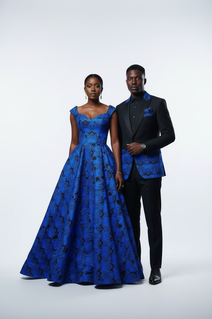 Royal Blue & Black Ankara Couple's Outfit – White Background