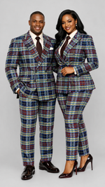 Couple wearing matching navy blue tartan check African print suits — double-breasted blazer and trousers