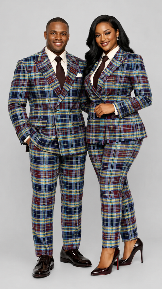 Couple wearing matching navy blue tartan check African print suits — double-breasted blazer and trousers