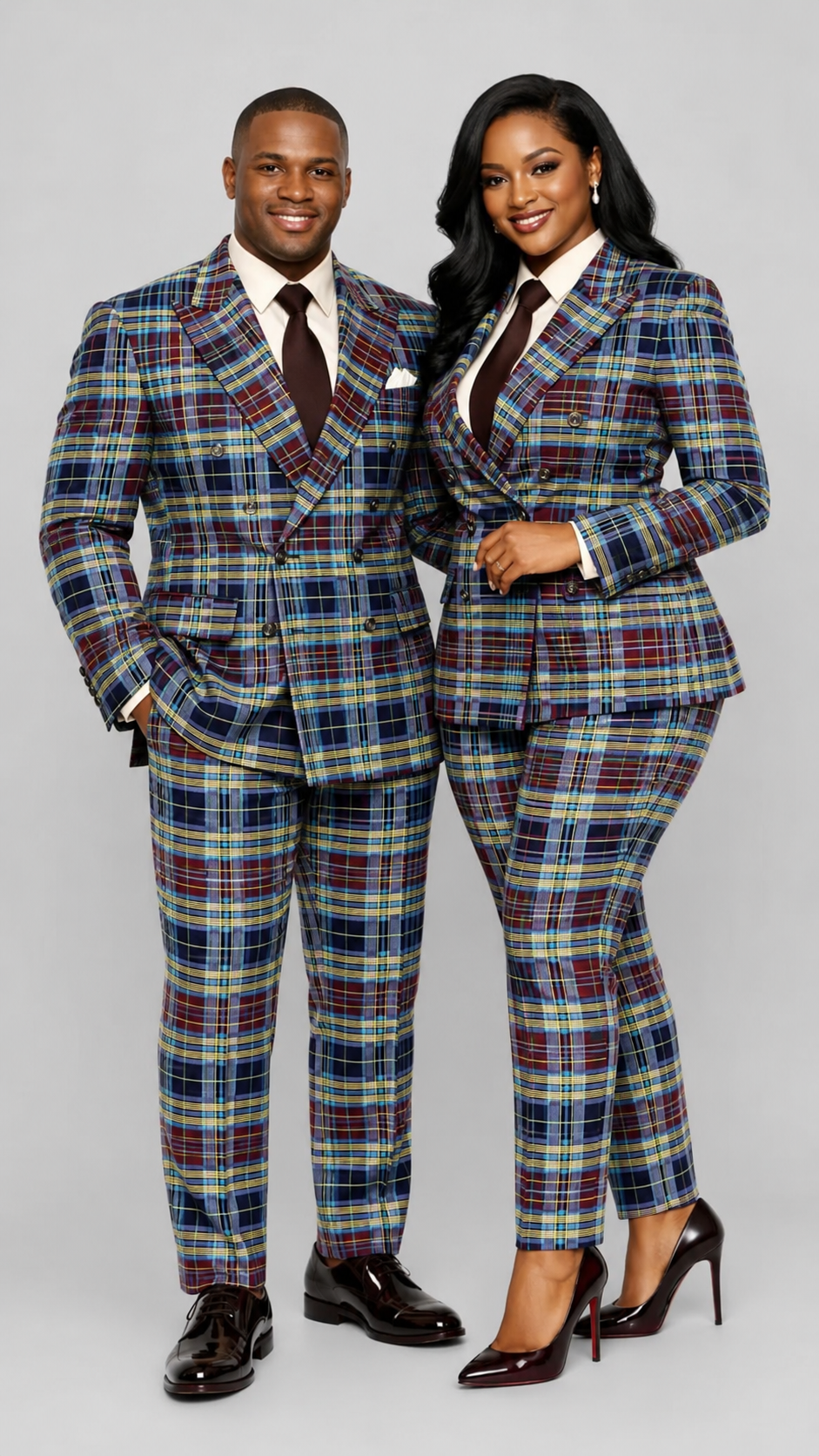 Couple wearing matching navy blue tartan check African print suits — double-breasted blazer and trousers