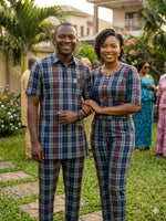 Two lengths of navy blue tartan check African print fabric laid flat on white background showing full print detail