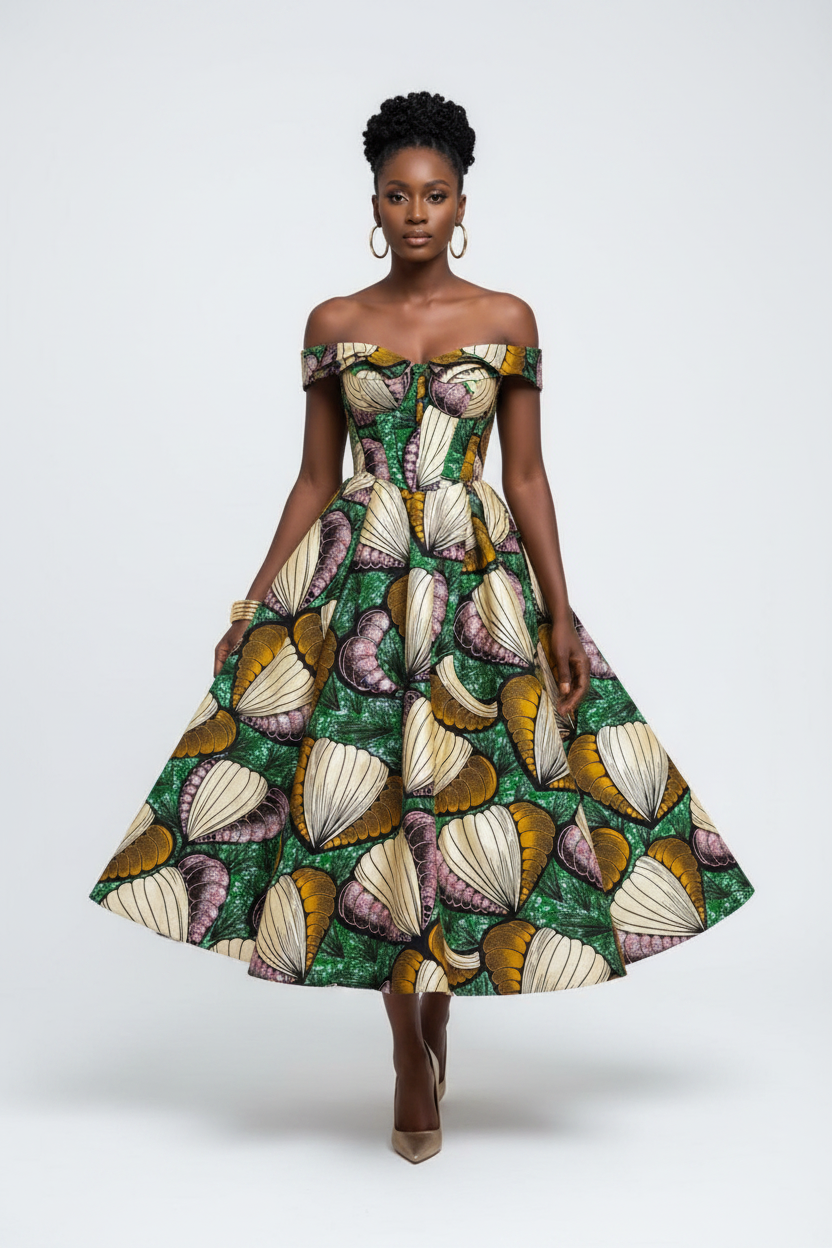 Shell Print Vlisco Dutch Wax – Off-Shoulder Midi Dress