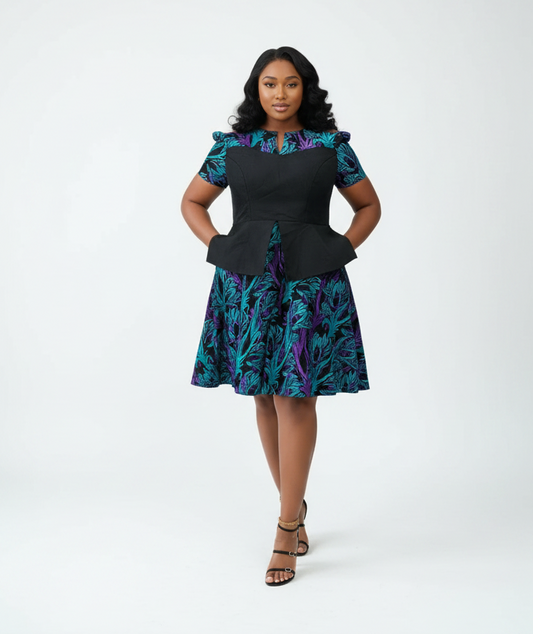 Teal Purple & Black Ankara Dress - Black Model