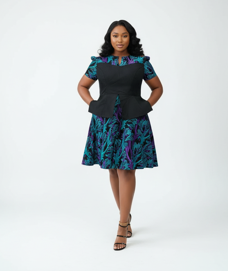 Teal Purple & Black Ankara Dress - Black Model