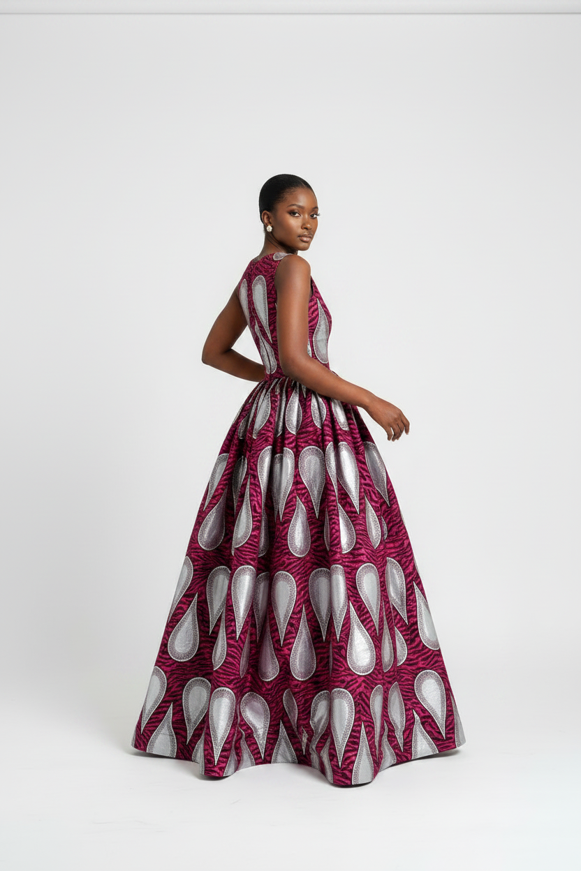 Vlisco Magenta & Silver – Maxi Dress Back Turn Pose