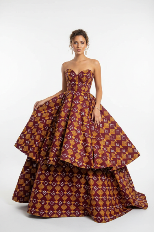 White mixed race model in stunning Ankara burgundy geometric prom ballgown