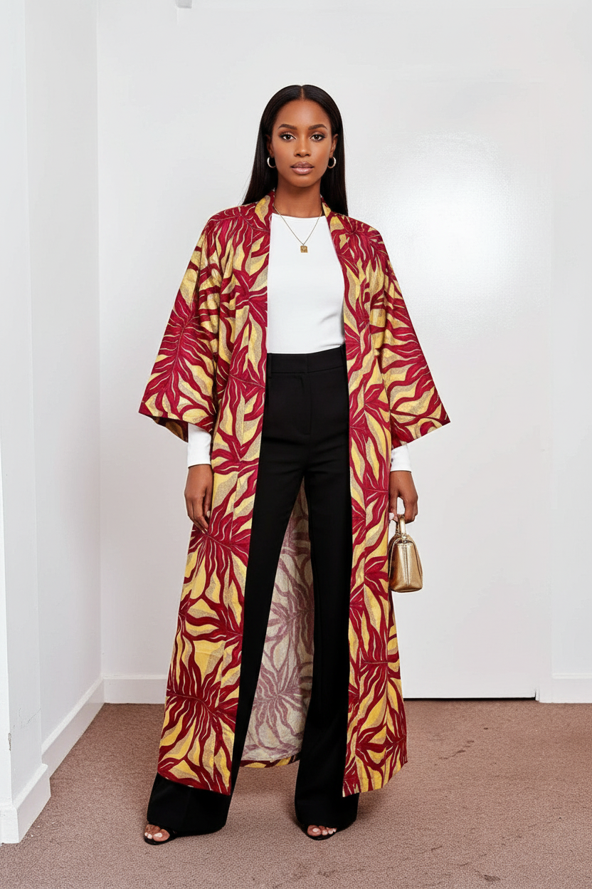 Wine & Gold Starburst Kimono - Exact Fabric Mixed Race Model