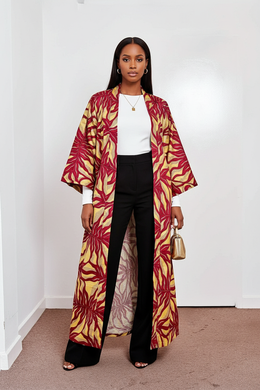 Wine & Gold Starburst Kimono - Exact Fabric Mixed Race Model