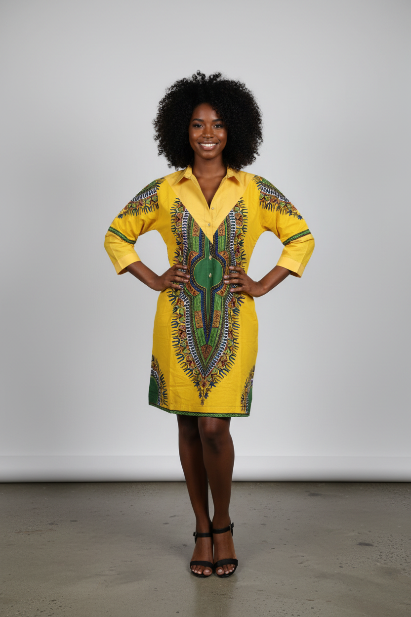 Yellow Dashiki Shirt Dress Model