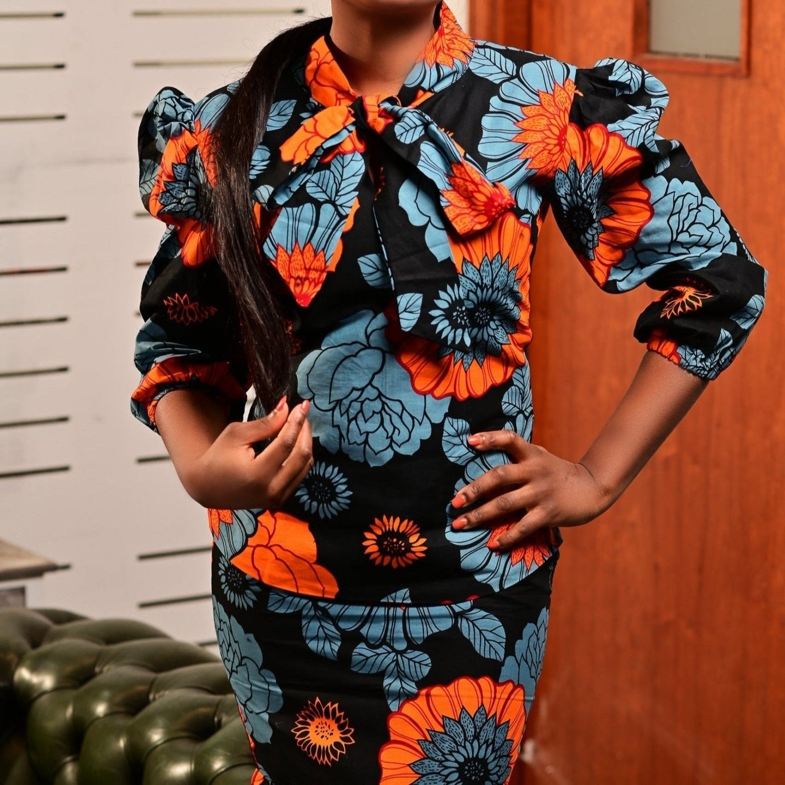 Black, Grey & Orange African Print Skirt & Blouse Combo - House of Prints