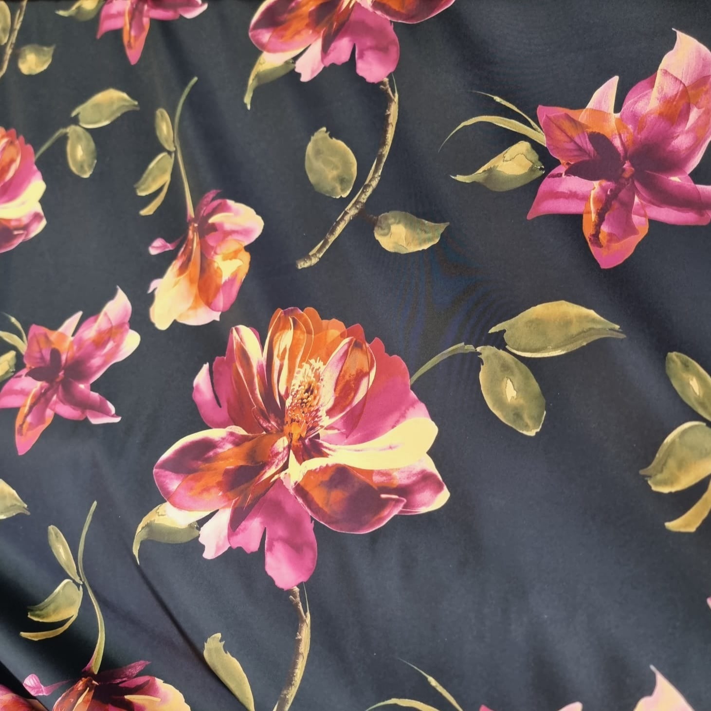 Black Printed Silky Charmeuse Faux Silk Satin Fabric - House of Prints