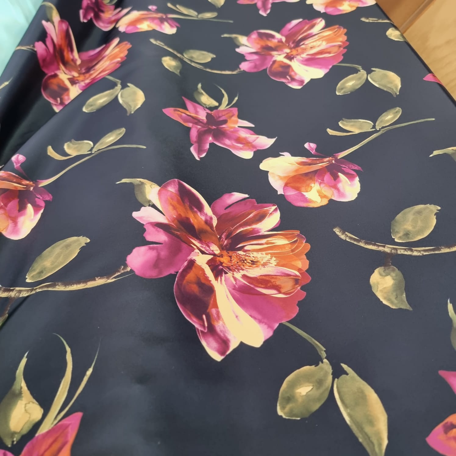 Black Printed Silky Charmeuse Faux Silk Satin Fabric - House of Prints