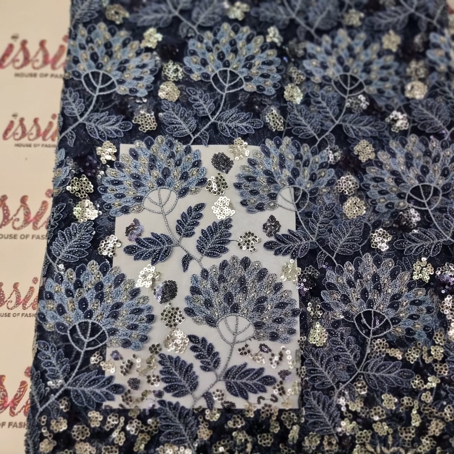 Blue Beaded Bridal Lace Fabric - House of Prints