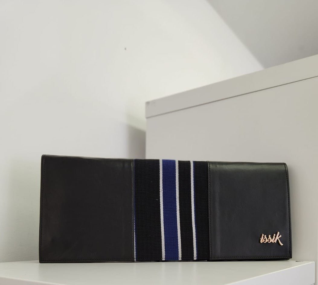 Blue & Black Leather & Aso-Oke Clutch Purses - House of Prints