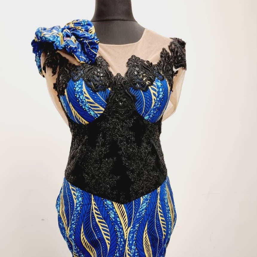 Blue & Gold African Print Party Dress - House of Prints