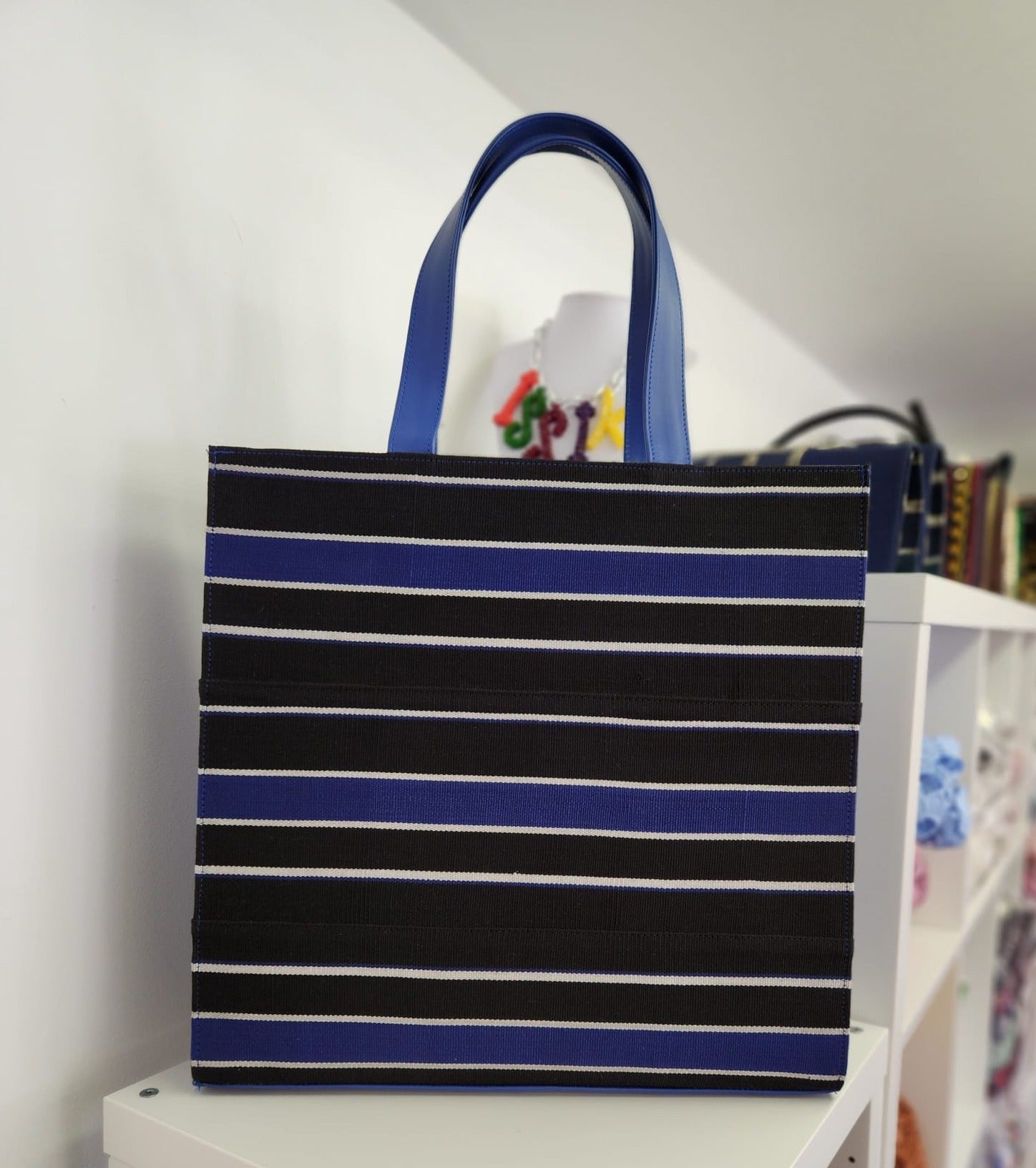 Blue Leather Aso-Oke Large Tote Bag - House of Prints