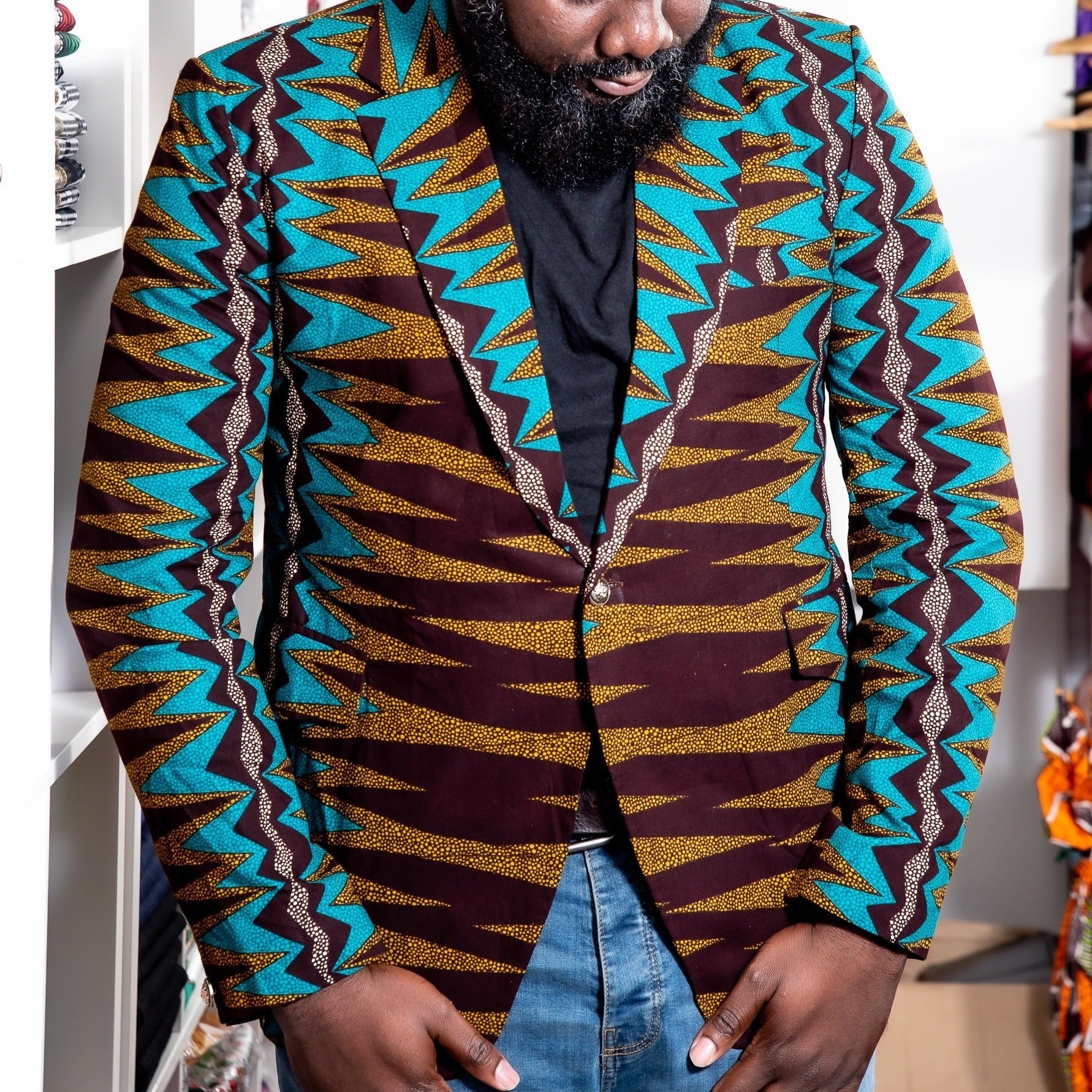 Brown and Blue African Print Blazer - House of Prints