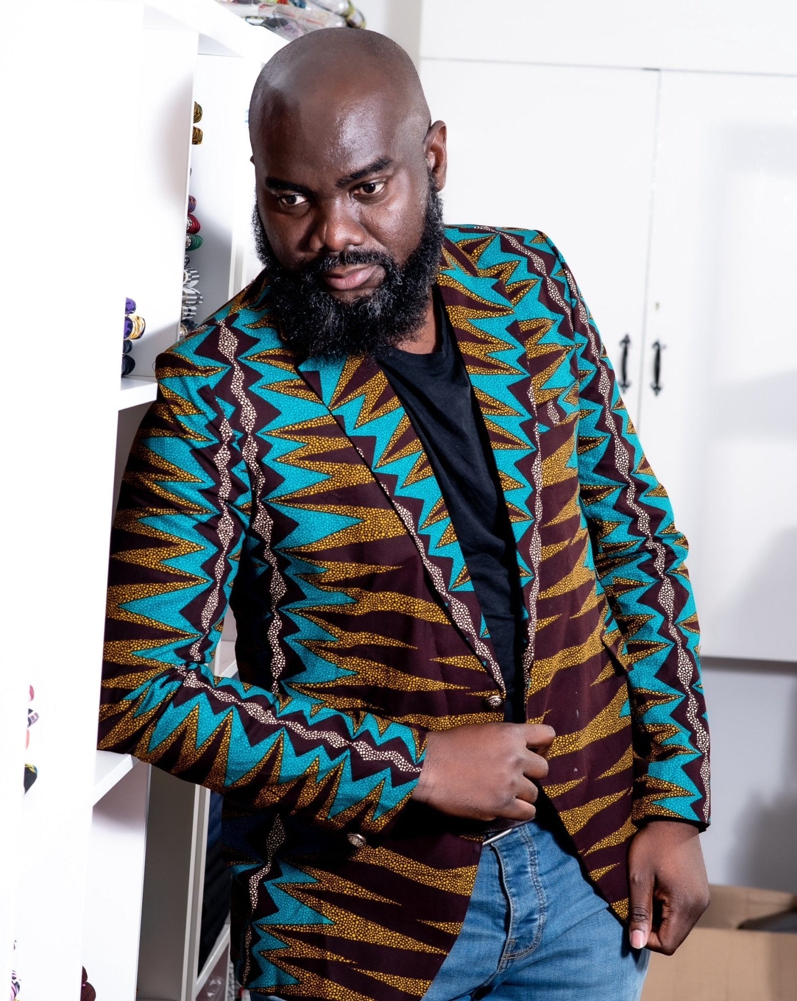 Brown and Blue African Print Blazer - House of Prints