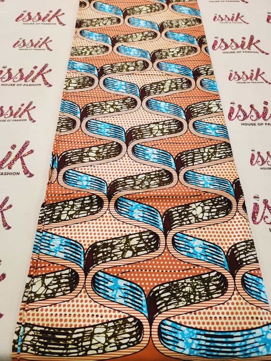 Brown & Blue Embellished Gold Ankara Fabric. - House of Prints