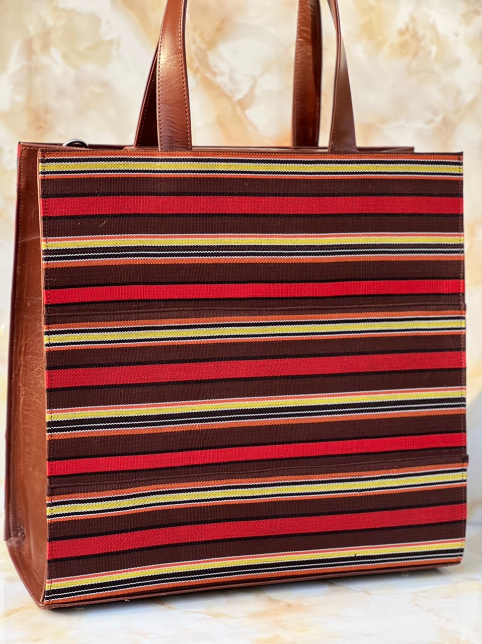 Brown Leather Aso-Oke Large Tote Bag - House of Prints