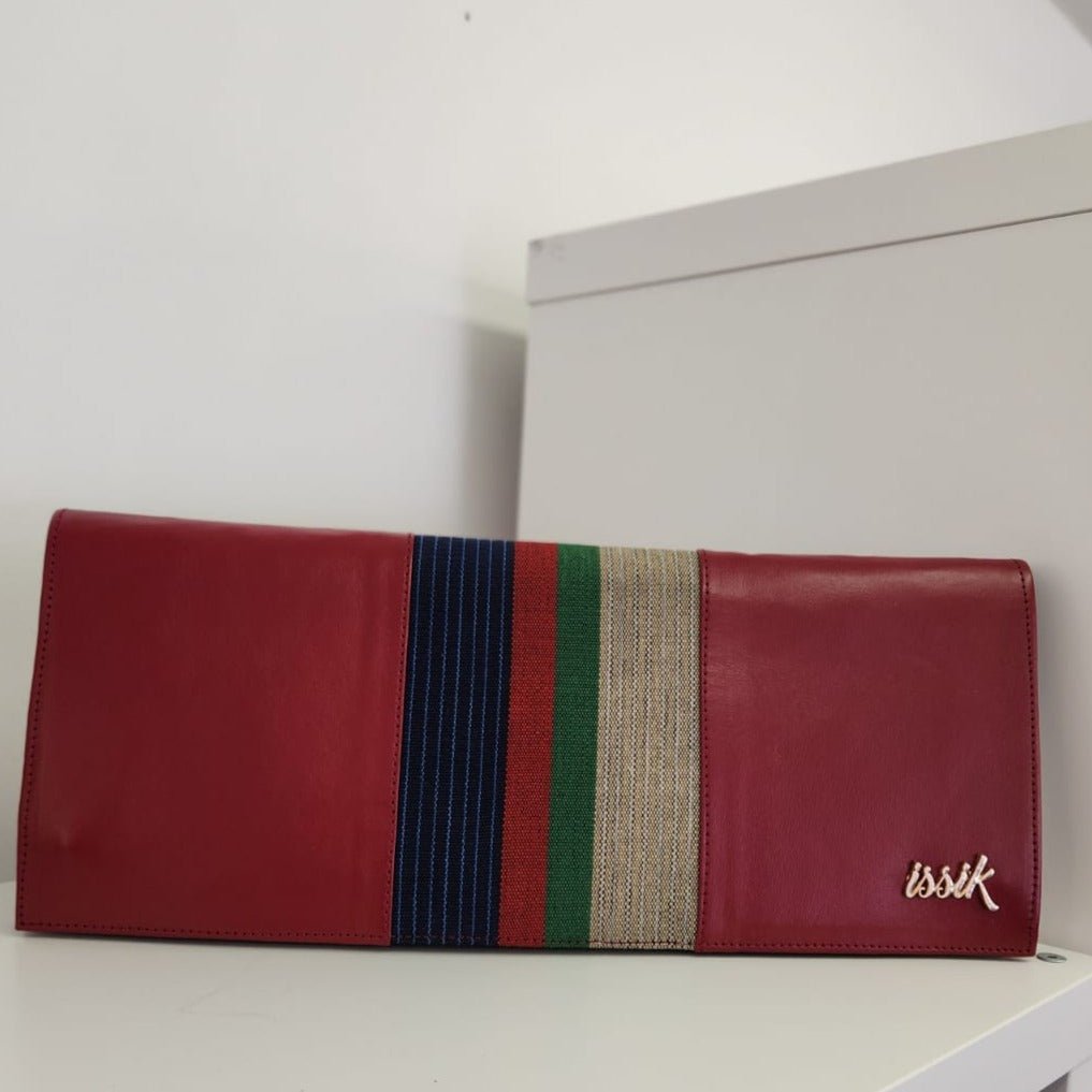 Cream & Blue Leather & Aso-Oke Clutch Purses - House of Prints