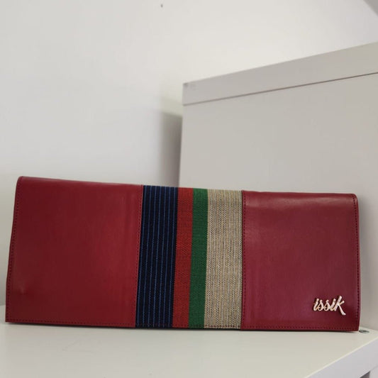 Cream & Blue Leather & Aso-Oke Clutch Purses - House of Prints
