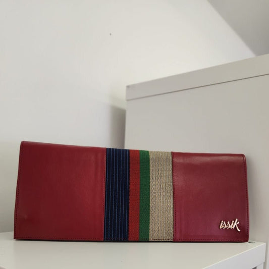 Cream & Blue Leather & Aso-Oke Clutch Purses - House of Prints