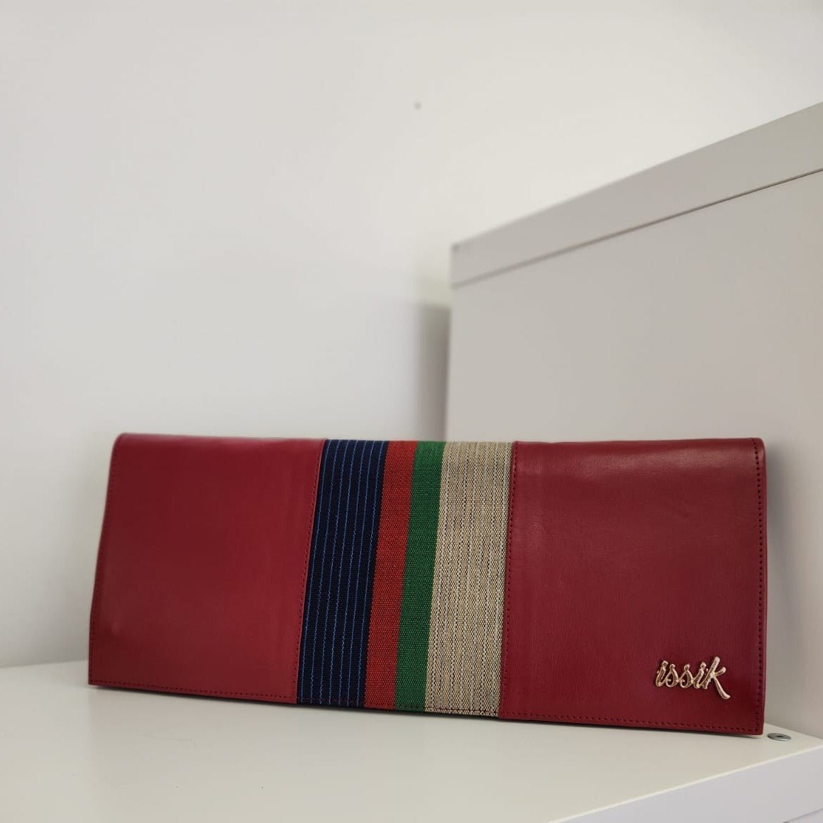 Cream & Blue Leather & Aso-Oke Clutch Purses - House of Prints
