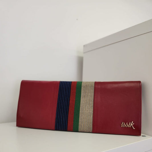 Cream & Blue Leather & Aso-Oke Clutch Purses - House of Prints