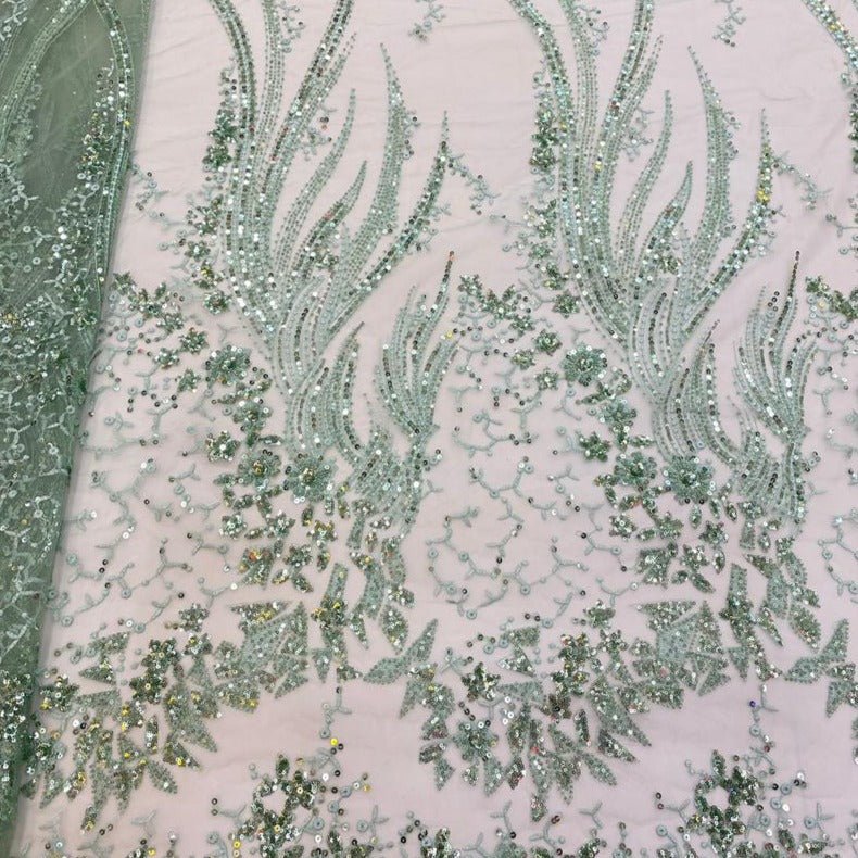 Floral Olive Green Sequins & Beads Lace- ial078 - House of Prints
