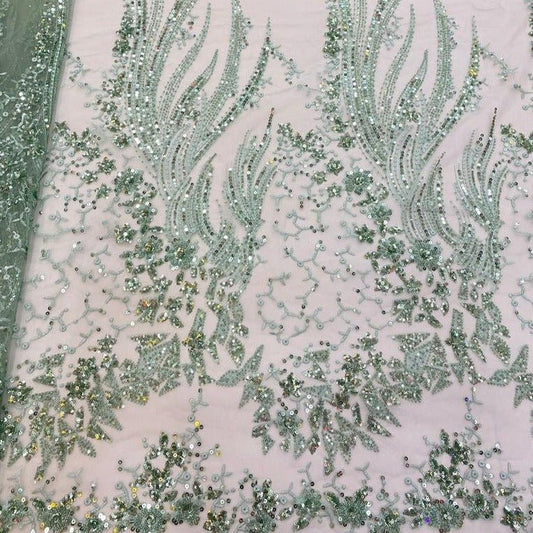 Floral Olive Green Sequins & Beads Lace- ial078 - House of Prints