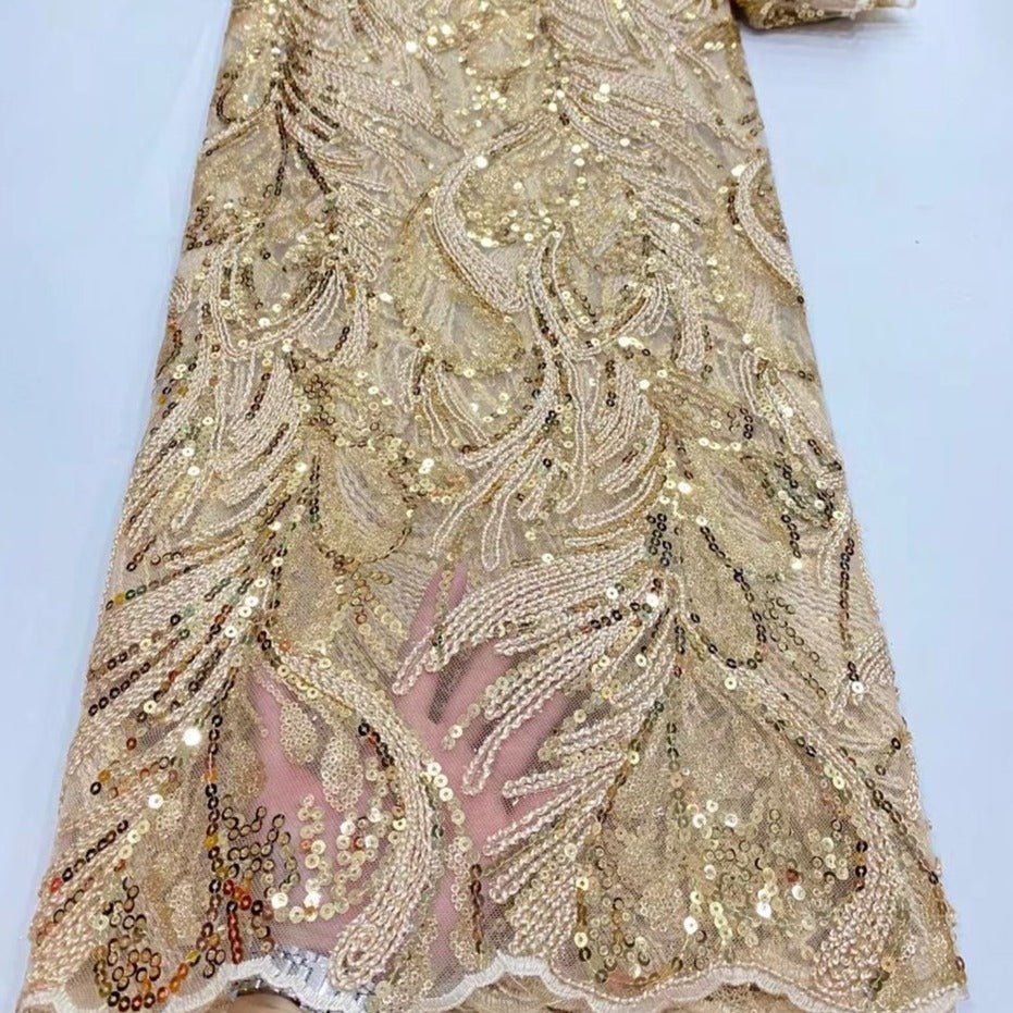 Gold African Sequins Lace Fabric - House of Prints