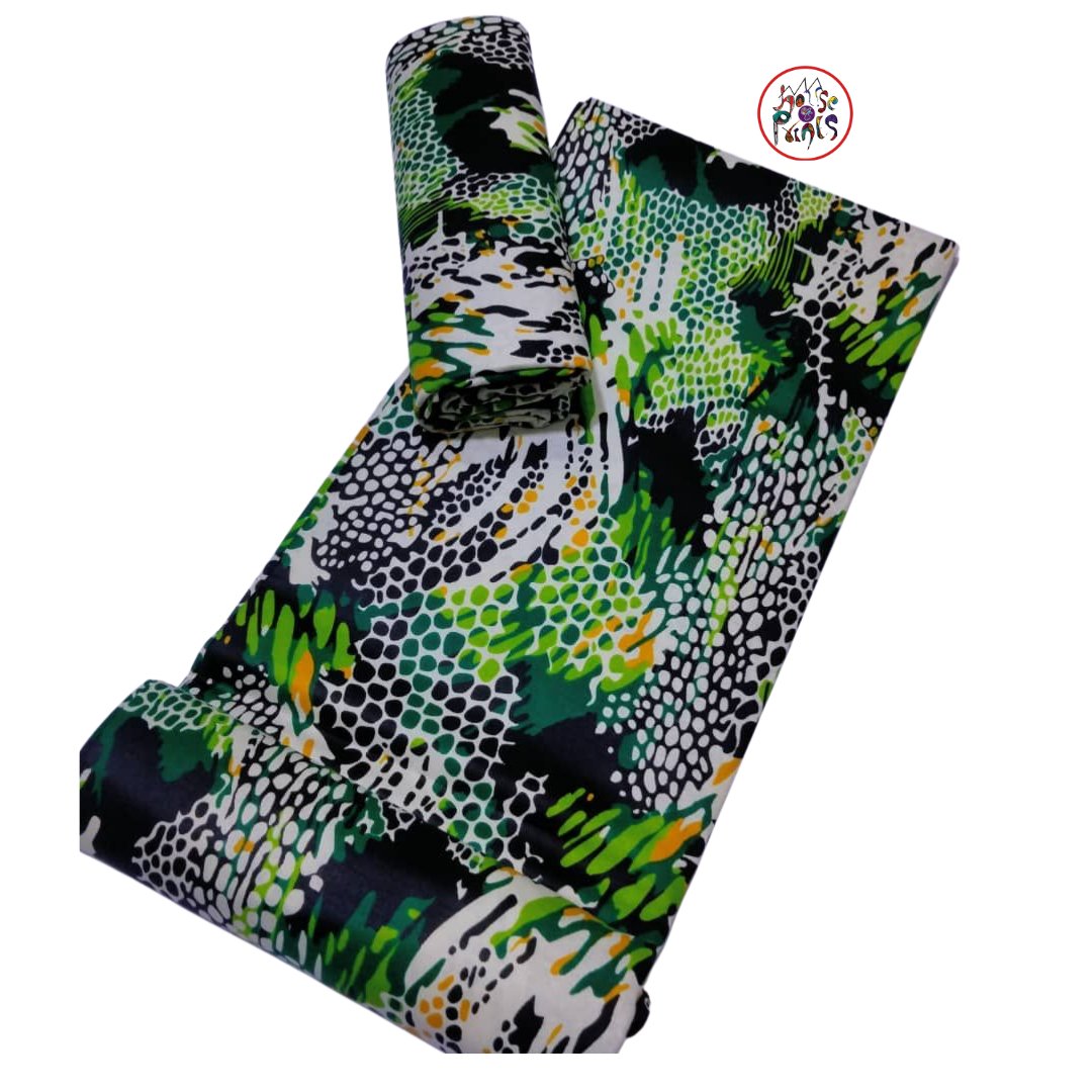 Green and Black Checkered Ankara Wax Print Fabric with Bag and Clover Design
