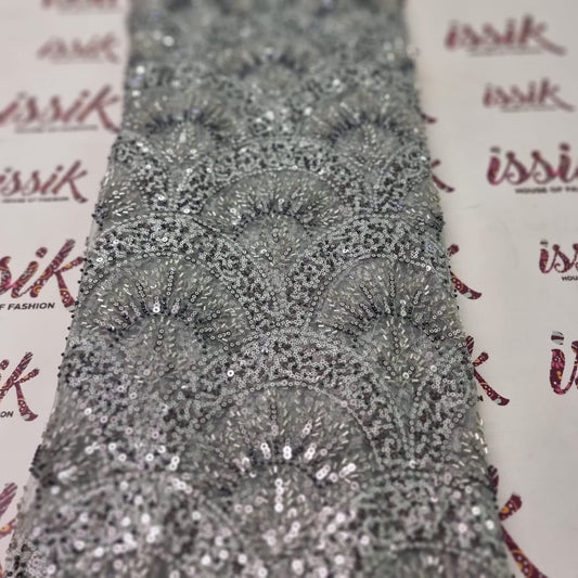 Grey & Black Beaded Bridal Fabric - House of Prints