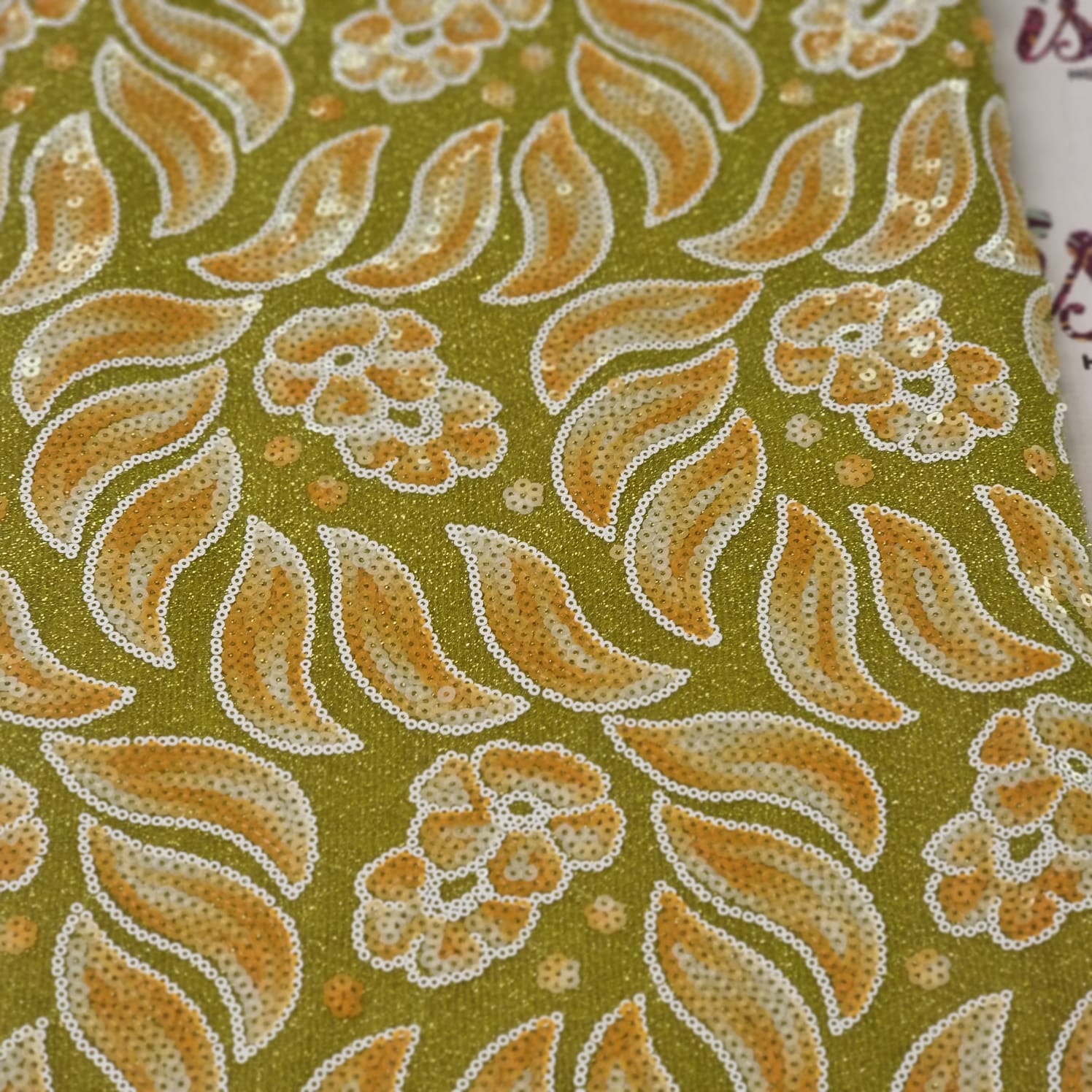 Lemon Green and Gold Sequins Lace Fabric - House of Prints