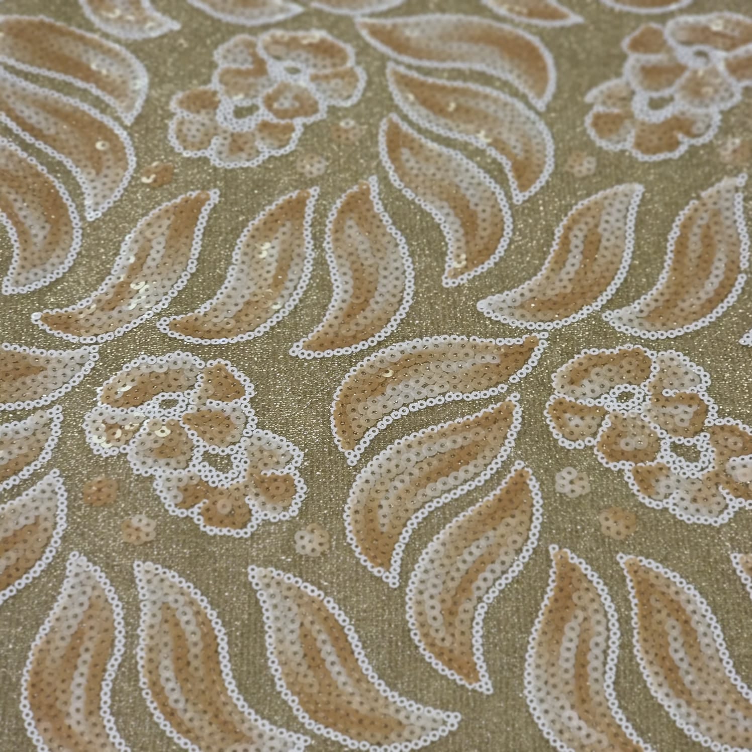 Light Brown and Gold Sequins Lace Fabric - House of Prints