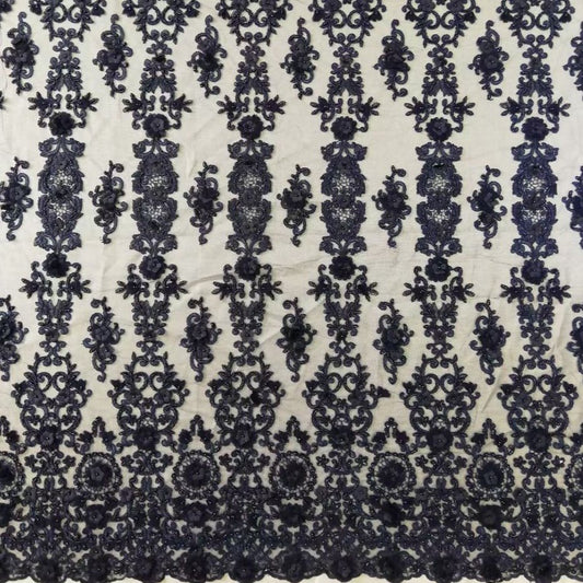 Navy Blue Floral Beaded Lace Fabric - House of Prints