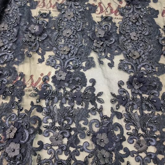 Navy Blue Floral Beaded Lace Fabric - House of Prints