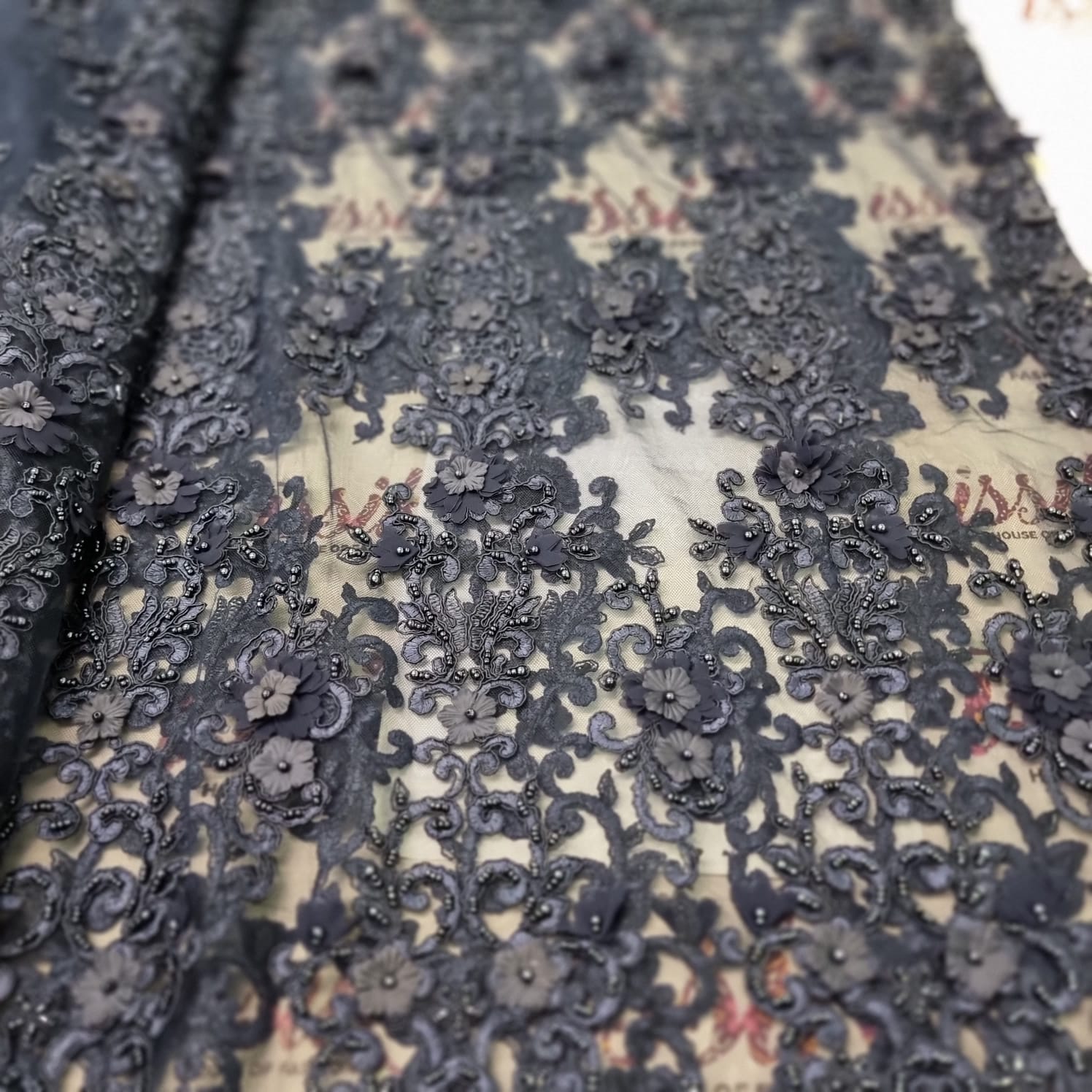 Navy Blue Floral Beaded Lace Fabric - House of Prints