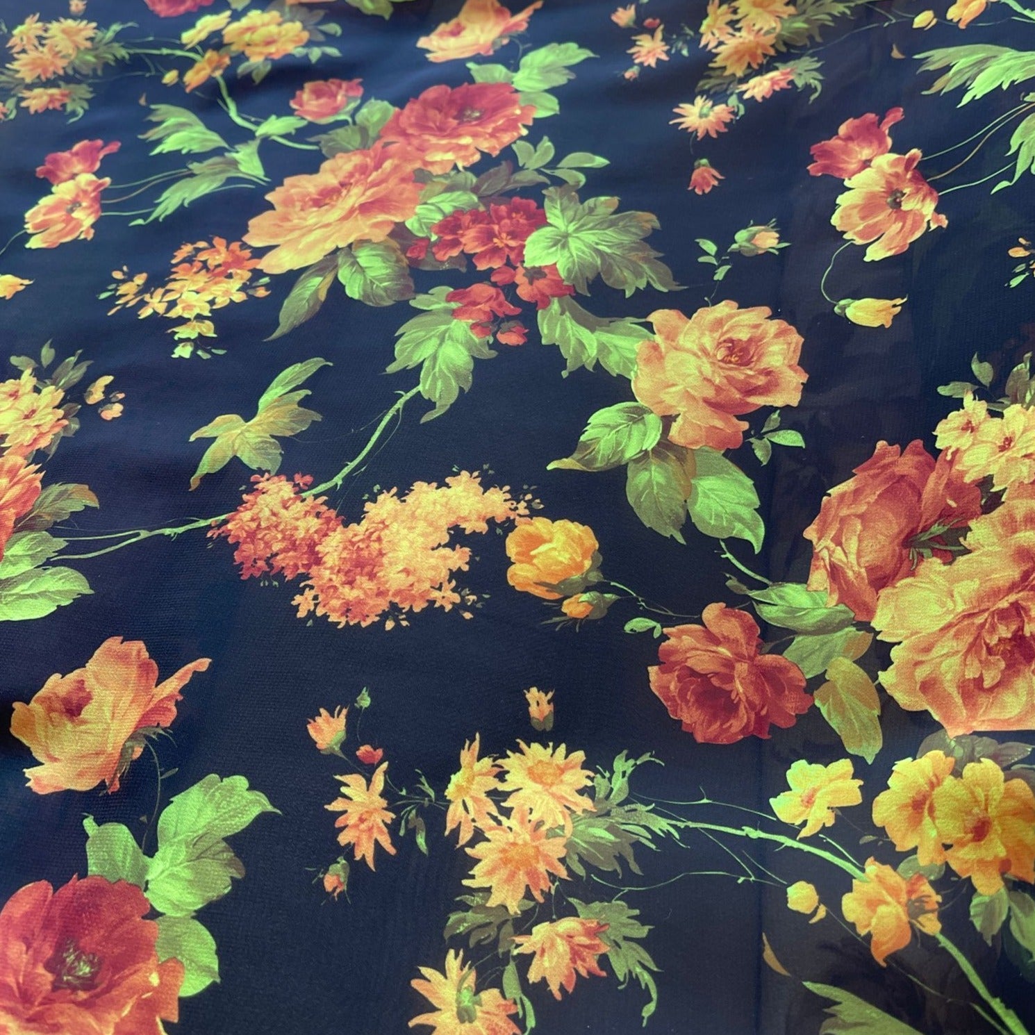 Neon Floral Chiffon Fabric (Black & Green) - House of Prints