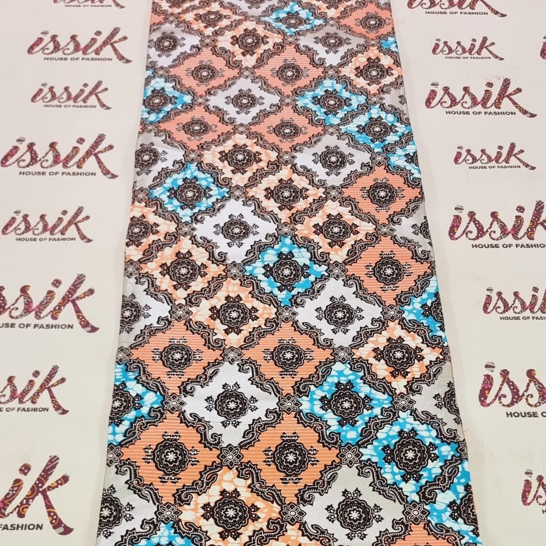Peach & Blue Embellished Gold African Print Fabric - House of Prints